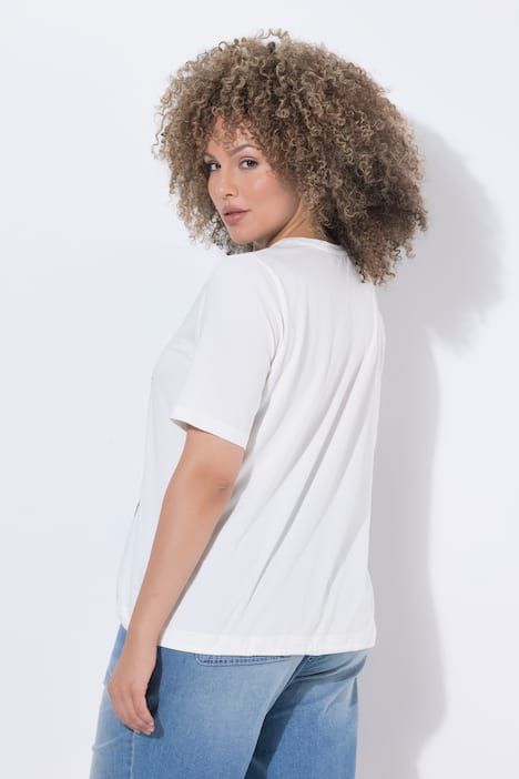 T-shirt avec message, décolleté en V et manches courtes, cordon sous tunnel