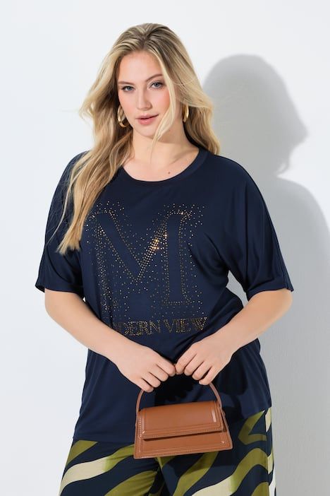 T-shirt oversize, décolleté rond et manches courtes, petits strass fantaisie
