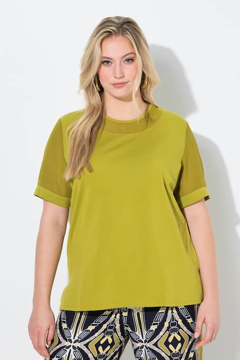 T-shirt décolleté rond avec empiècement transparent, manches courtes