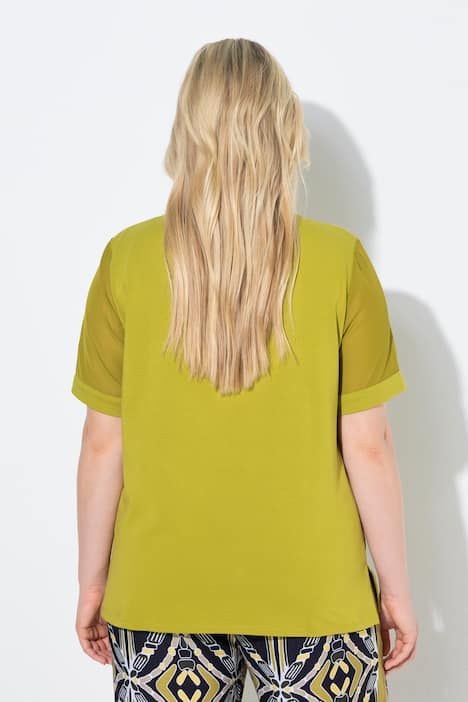 T-shirt décolleté rond avec empiècement transparent, manches courtes