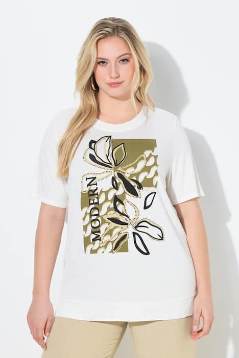 T-shirt motif floral et strass fantaisie, décolleté rond, manches courtes