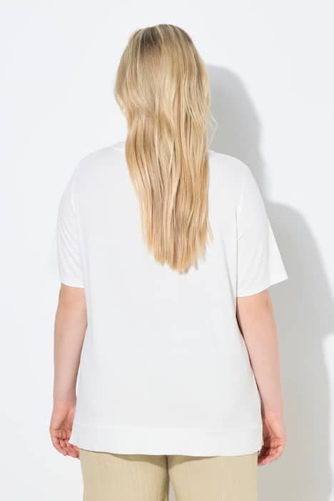 T-shirt motif floral et strass fantaisie, décolleté rond, manches courtes