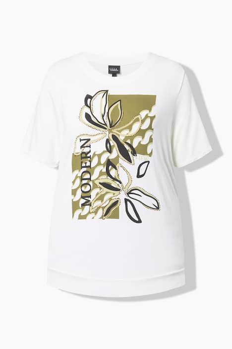 T-shirt motif floral et strass fantaisie, décolleté rond, manches courtes