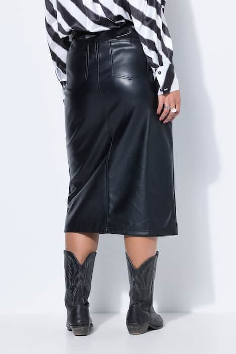 Jupe trapèze en similicuir, longueur midi et fente d'aisance à l'avant