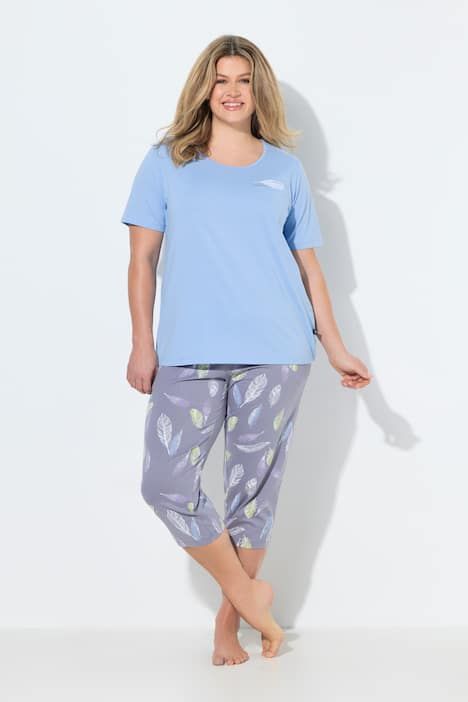 Pyjama motif plumes, décolleté rond et manches courtes