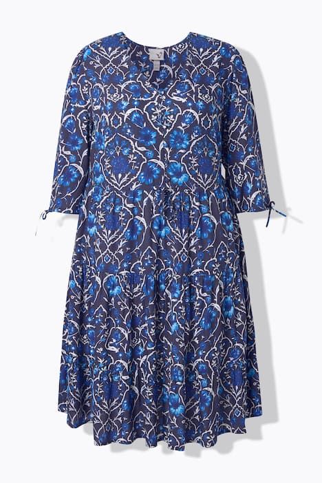 Robe midi à fleurs, poches, décolleté en V et manches 3/4