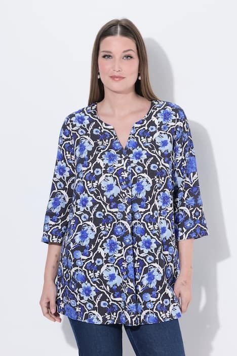 Blouse à fleurs, col tunisien et manches 3/4