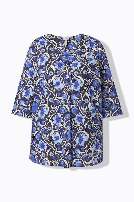 Blouse à fleurs, col tunisien et manches 3/4