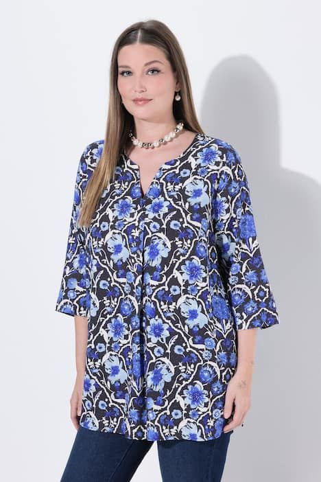 Blouse à fleurs, col tunisien et manches 3/4