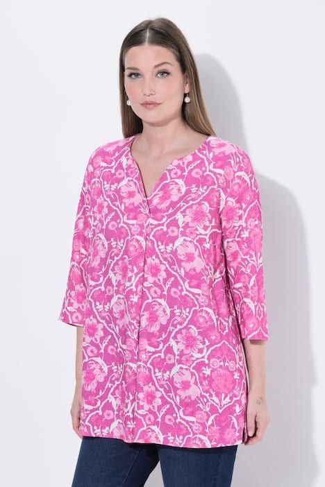 Blouse à fleurs, col tunisien et manches 3/4