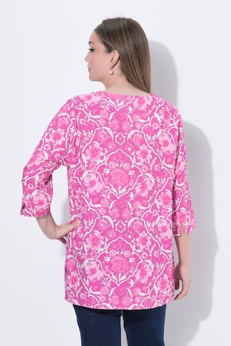 Blouse à fleurs, col tunisien et manches 3/4