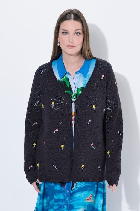 Cardigan encolure en V et manches longues, fleurs brodées