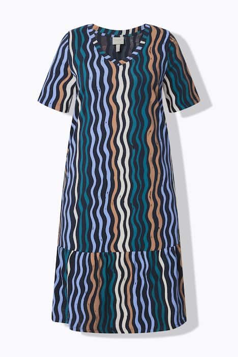 Robe midi en coton bio, motif vagues, décolleté en V et manches courtes