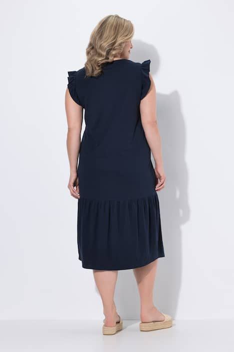 Robe midi en coton bio, décolleté en V, manches avec ruchés