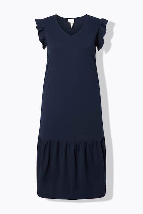 Robe midi en coton bio, décolleté en V, manches avec ruchés