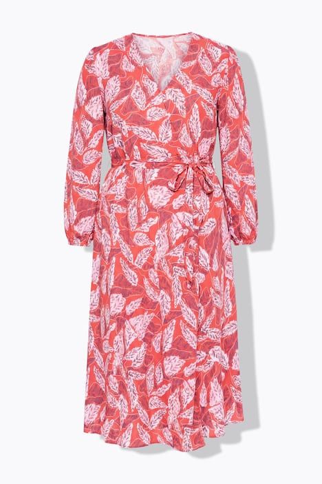 Robe maxi cache-cœur, imprimé feuilles, manches longues et coupe évasée