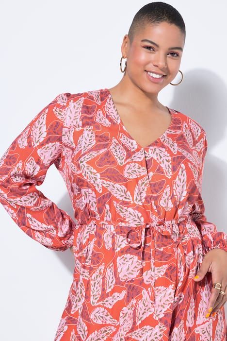 Robe maxi cache-cœur, imprimé feuilles, manches longues et coupe évasée