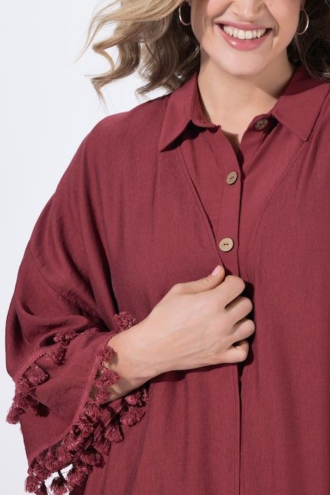 Veste kimono coupe ouverte, bordures avec pompons et manches 3/4