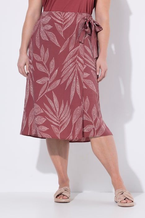 Jupe midi portefeuille, motif feuille et taille confortable, coupe évasée