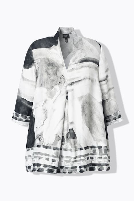 Blouse en satin, bordures contrastantes, col calice et manches 3/4, coupe évasée