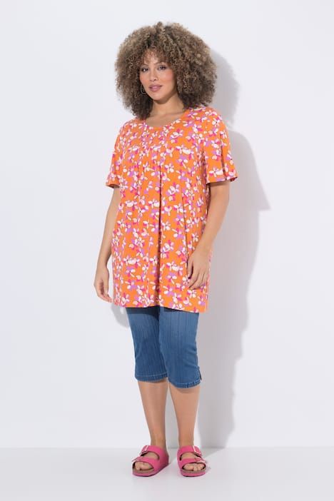 T-shirt long motif à fleurs, plis fantaisie, décolleté rond et manches courtes, coupe évasée