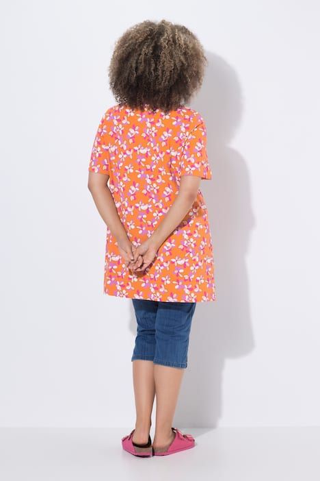 T-shirt long motif à fleurs, plis fantaisie, décolleté rond et manches courtes, coupe évasée