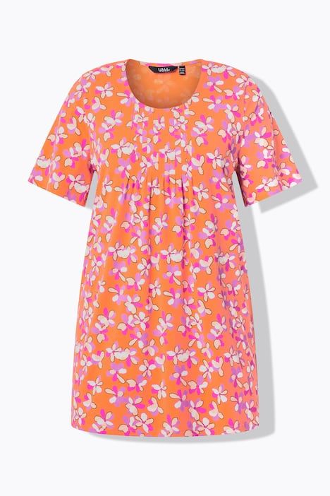 T-shirt long motif à fleurs, plis fantaisie, décolleté rond et manches courtes, coupe évasée