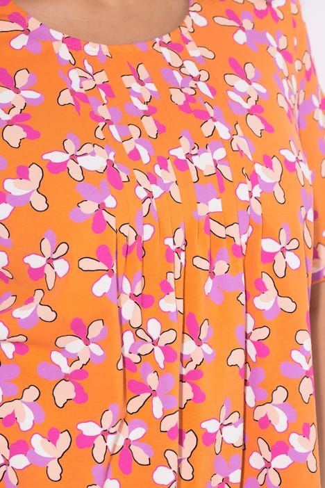 T-shirt long motif à fleurs, plis fantaisie, décolleté rond et manches courtes, coupe évasée