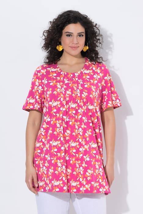 T-shirt long motif à fleurs, plis fantaisie, décolleté rond et manches courtes, coupe évasée