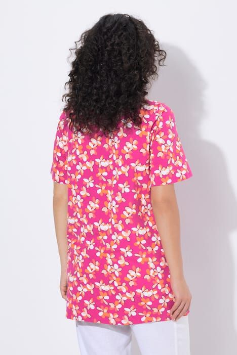 T-shirt long motif à fleurs, plis fantaisie, décolleté rond et manches courtes, coupe évasée