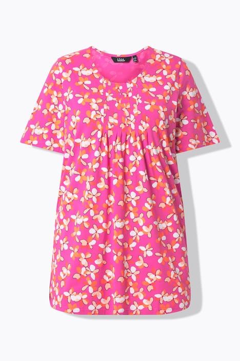 T-shirt long motif à fleurs, plis fantaisie, décolleté rond et manches courtes, coupe évasée