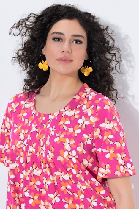 T-shirt long motif à fleurs, plis fantaisie, décolleté rond et manches courtes, coupe évasée