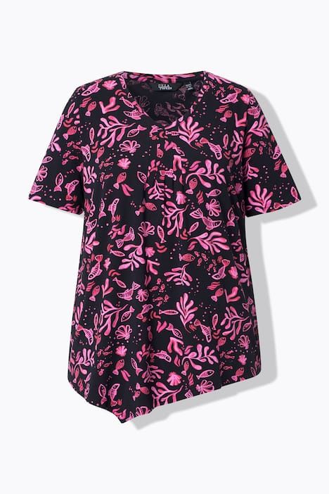 T-shirt à fleurs, base en pointe, décolleté en V et manches courtes
