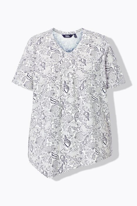 T-shirt à fleurs, base en pointe, décolleté en V et manches courtes