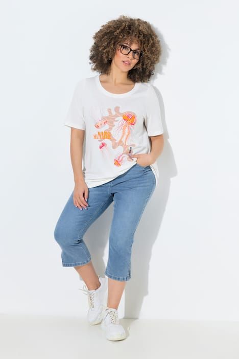 Corsaire en jean Sarah, jambe étroite et taille confortable, effet délavé