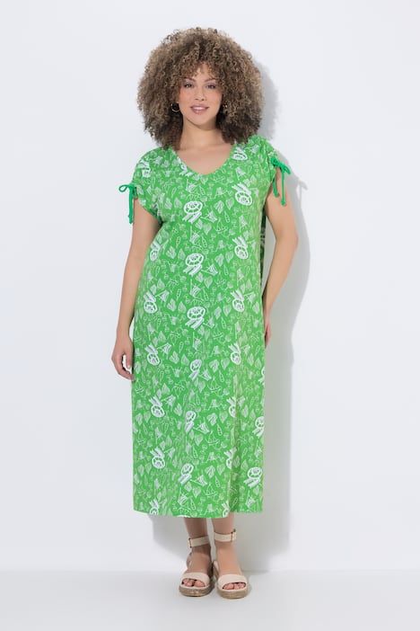 Robe midi sans manches, cordons à froncer, décolleté rond et coupe évasée