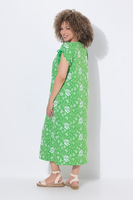 Robe midi sans manches, cordons à froncer, décolleté rond et coupe évasée