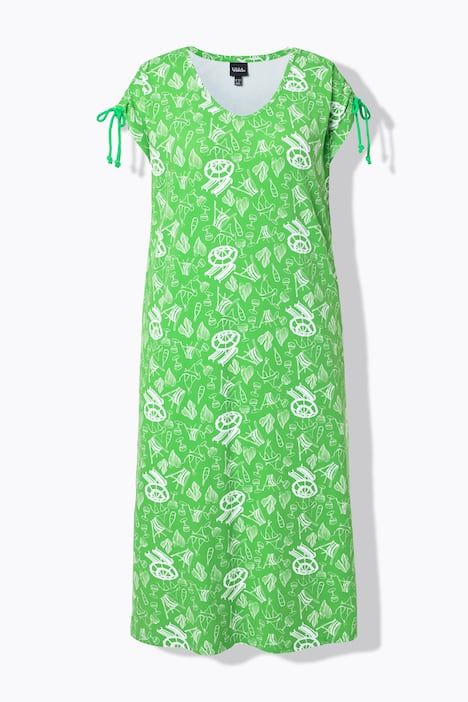 Robe midi sans manches, cordons à froncer, décolleté rond et coupe évasée