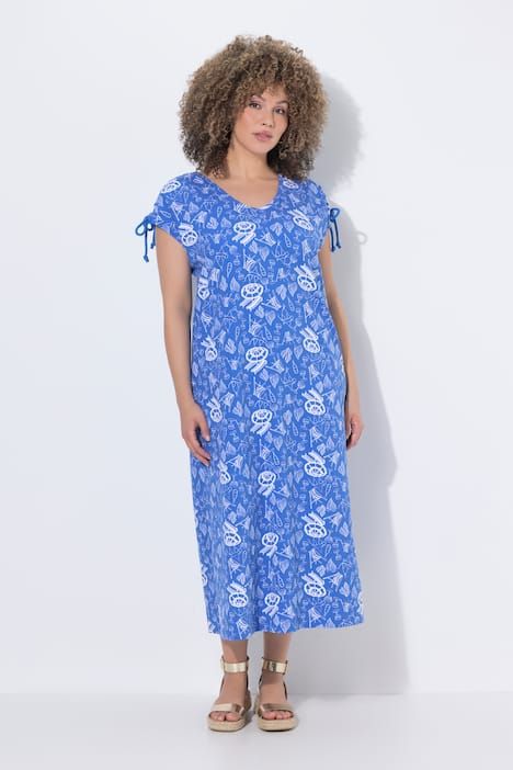 Robe midi sans manches, cordons à froncer, décolleté rond et coupe évasée