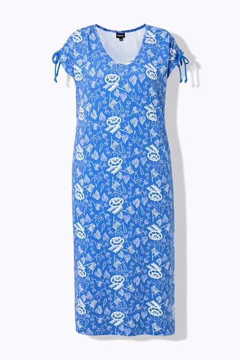 Robe midi sans manches, cordons à froncer, décolleté rond et coupe évasée