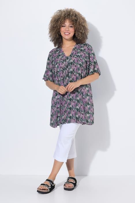 Blouse avec plis fantaisie, décolleté carré et manches courtes chauve-souris, coupe évasée