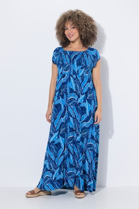 Robe maxi smockée, motif à feuilles, décolleté carré et manches courtes