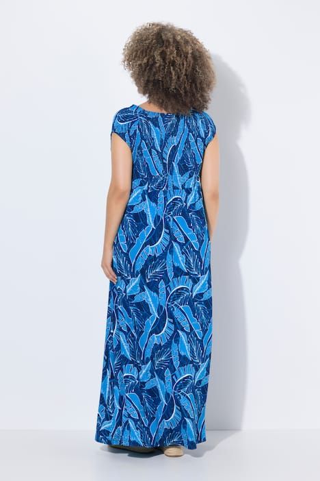 Robe maxi smockée, motif à feuilles, décolleté carré et manches courtes
