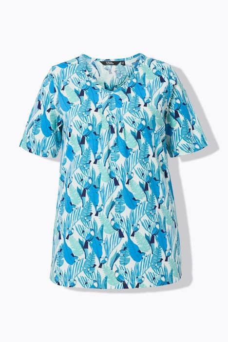 T-shirt motif toucans, plis fantaisie, décolleté en V et manches courtes