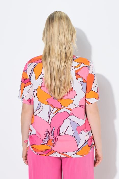 Blouse imprimé floral, cordons à froncer, décolleté rond et manches courtes