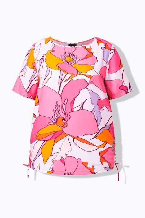 Blouse imprimé floral, cordons à froncer, décolleté rond et manches courtes
