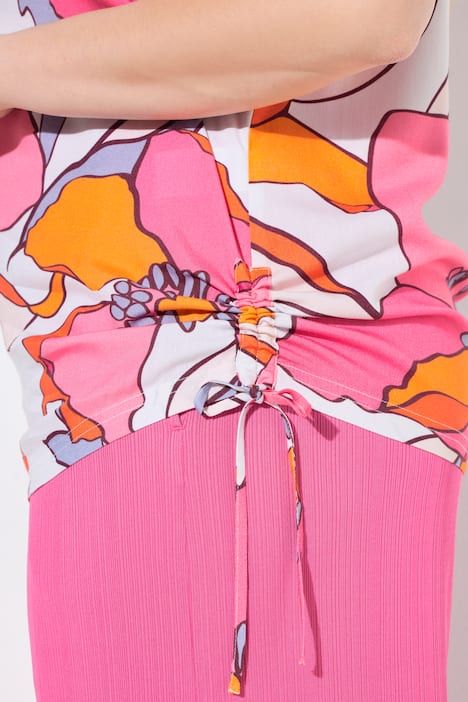 Blouse imprimé floral, cordons à froncer, décolleté rond et manches courtes