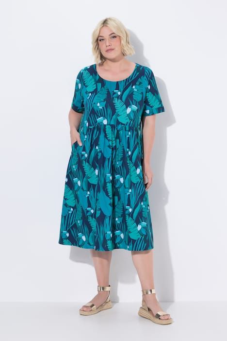Robe midi en jersey, motif toucans, décolleté rond et manches courtes, coupe évasée
