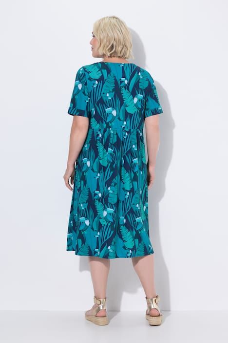 Robe midi en jersey, motif toucans, décolleté rond et manches courtes, coupe évasée