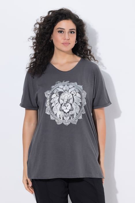 T-shirt mandala animal métallique, décolleté en V et manches courtes